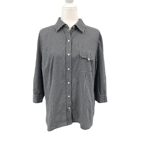 Karen Scott Black and White Gingham 3/4 Sleeve Button Front Collared Top - Picture 1 of 8